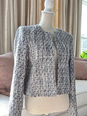 Calvin Klein Navy and White Tweed Open-Front Jacket